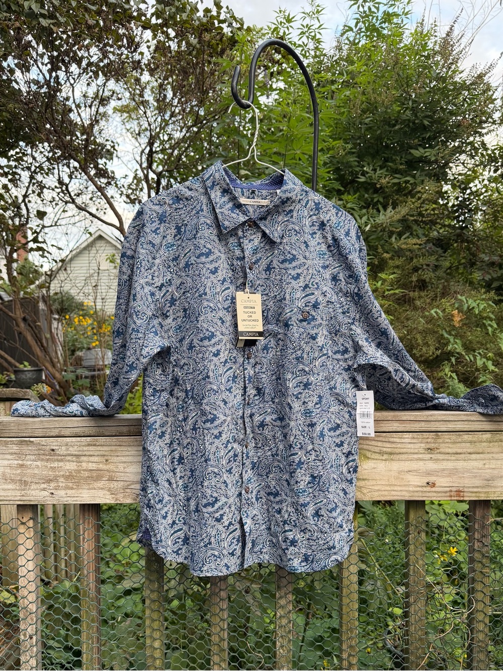 NWT Campia Moda Blue 100 % Cotton Long sleeved Men’s Shirt Tucked Or Untucked Lg